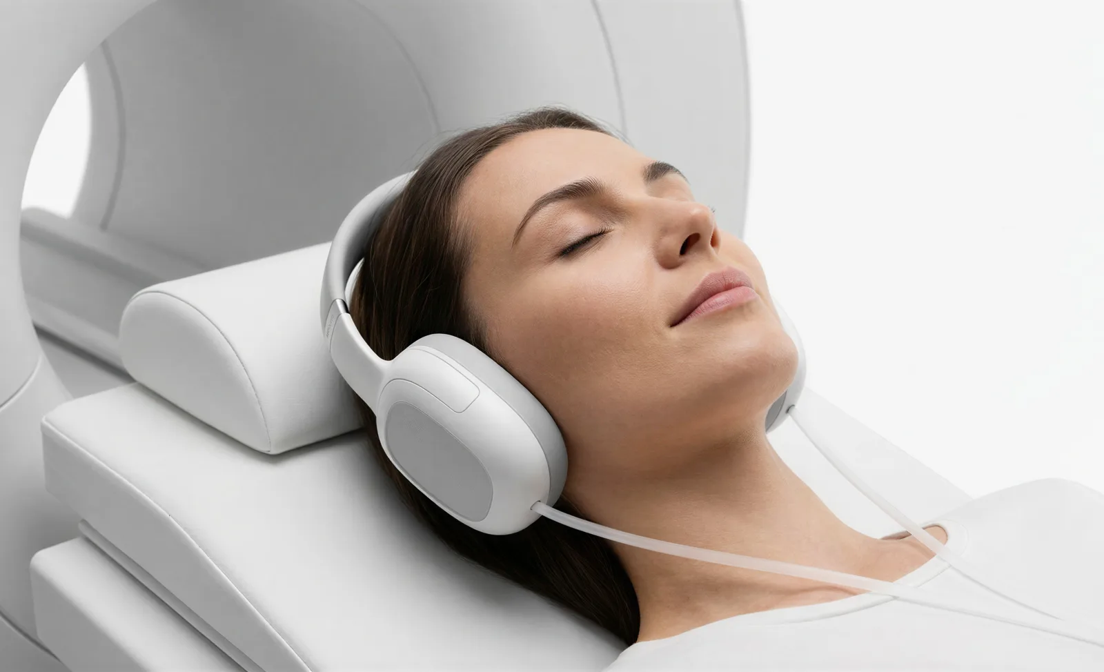 Patient lying in an MRI scanner wearing the MRIaudio Slim Headset