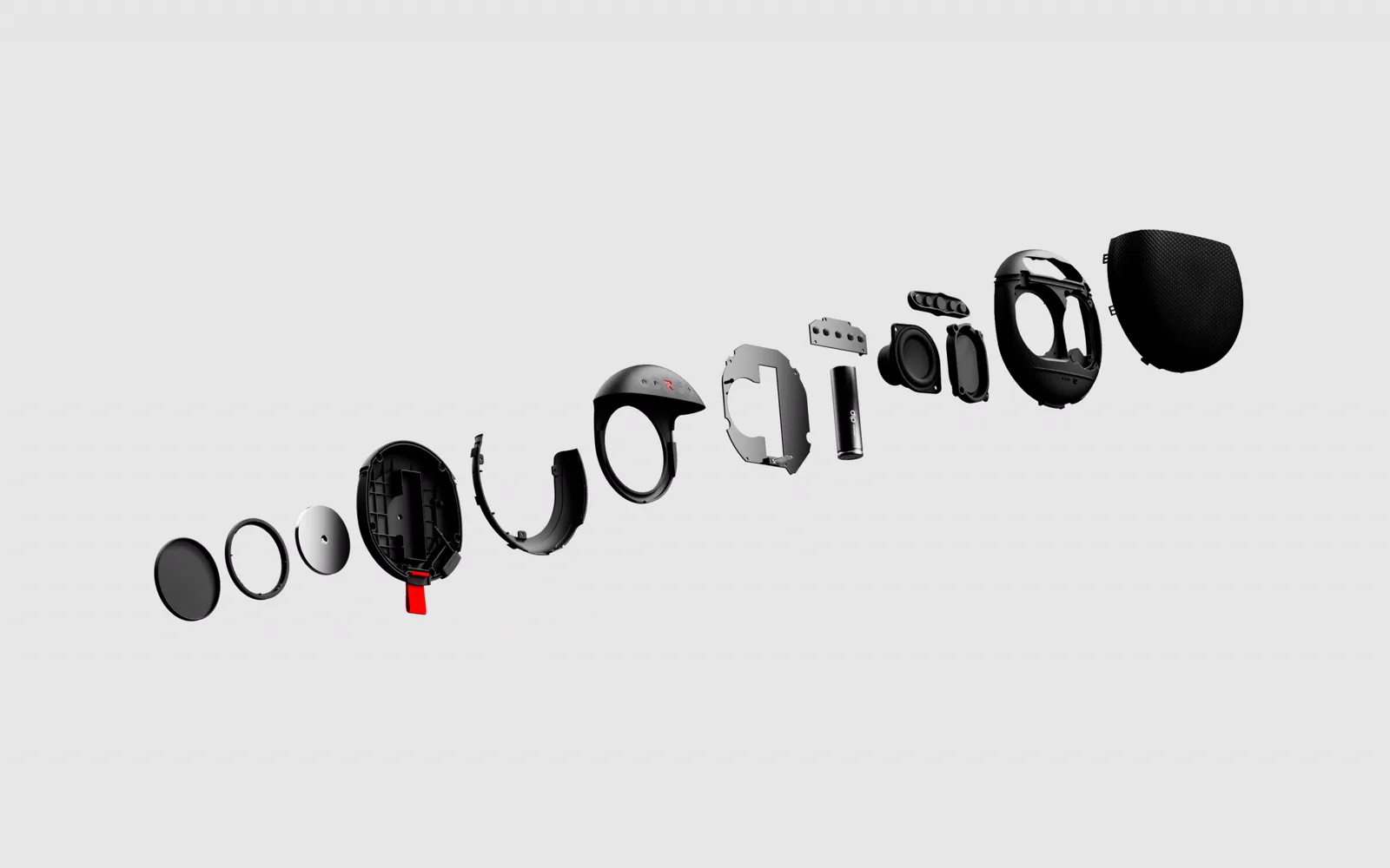 Exploded view of a compact speaker's internal components
