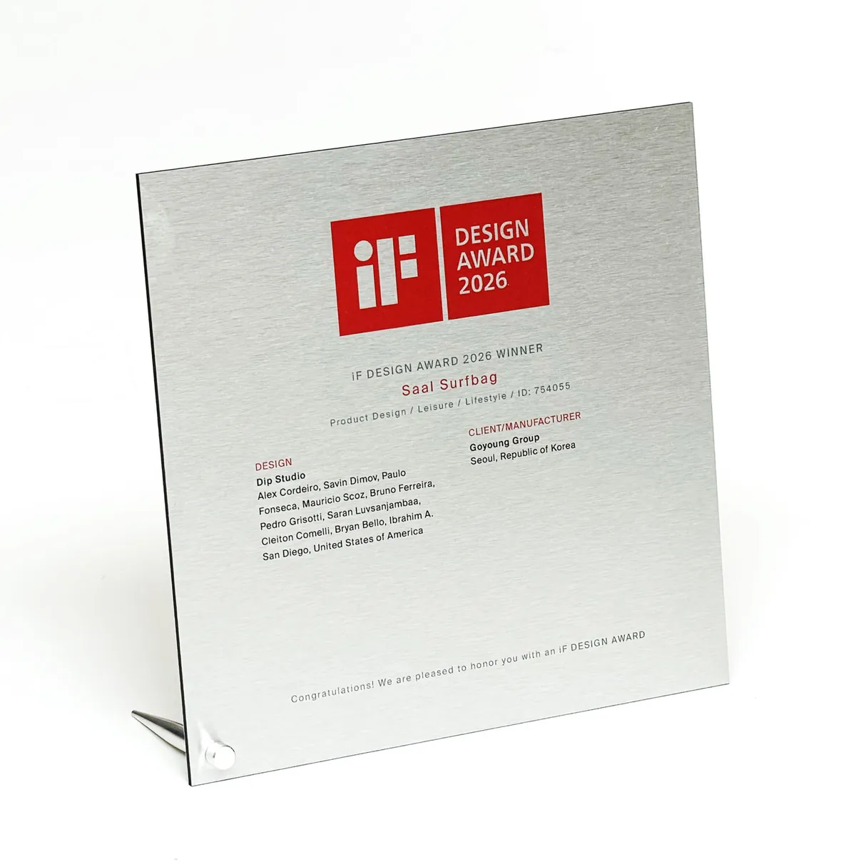 iF Design Award 2026 winner plaque for the SAAL Surfbag, product design by Dip Studio in San Diego for Goyoung Group