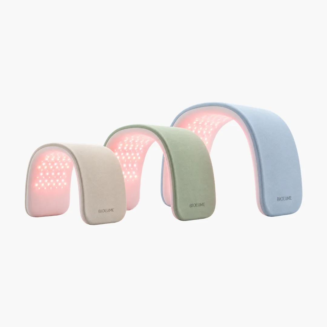 Biolume light therapy device in three sizes and three colorways, cream, sage green and light blue