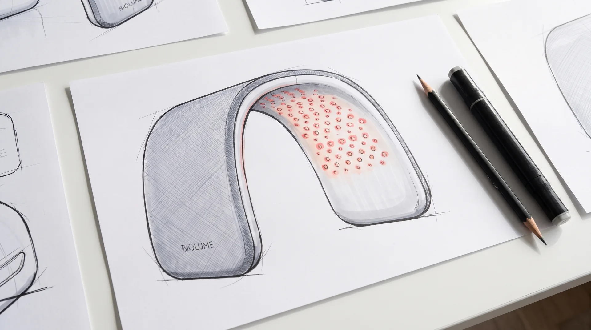 Concept sketches of the arched Biolume light therapy device with the LED array marked in red