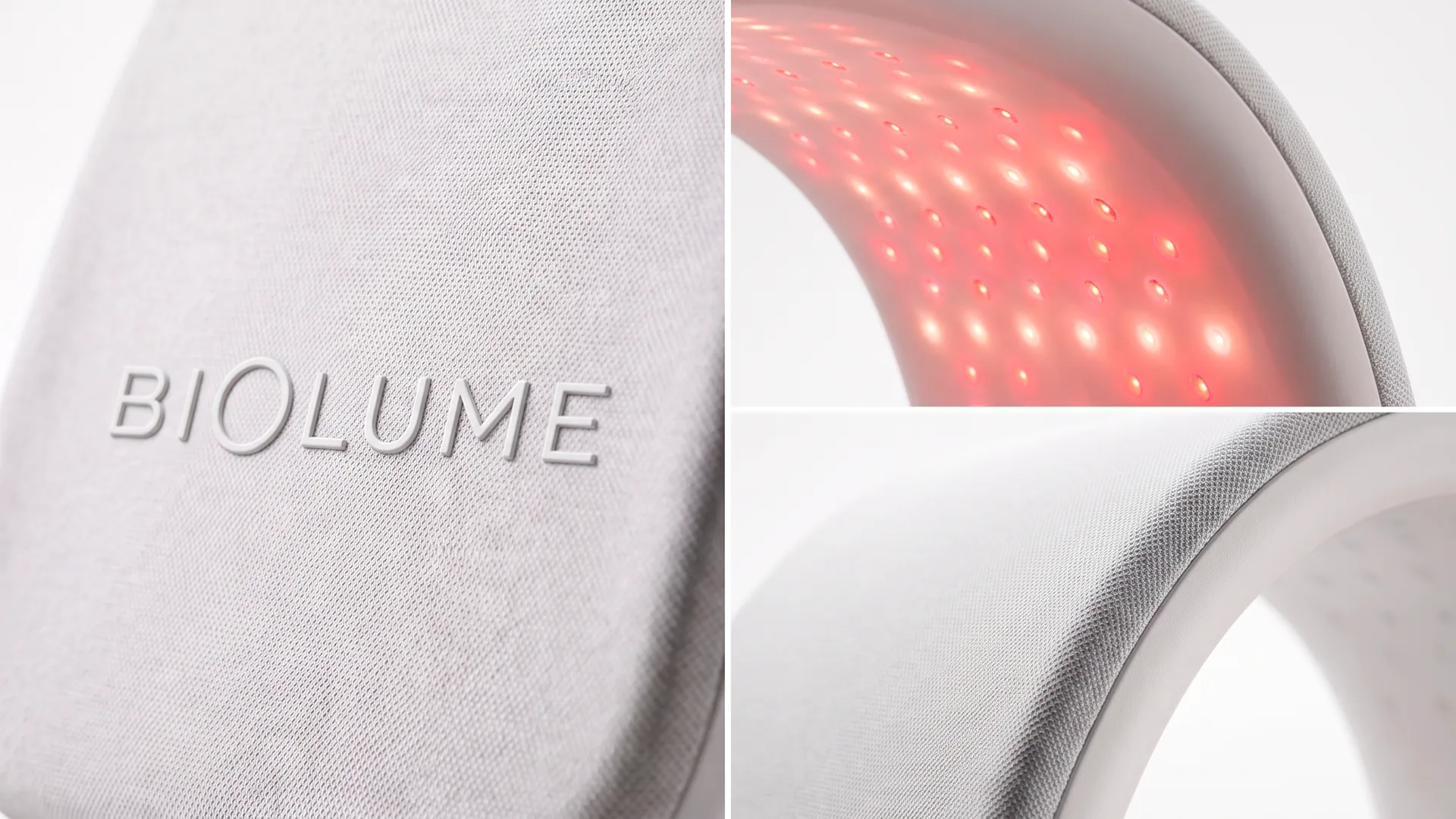 Biolume details: embossed logo, red LED array and the grey textile edge