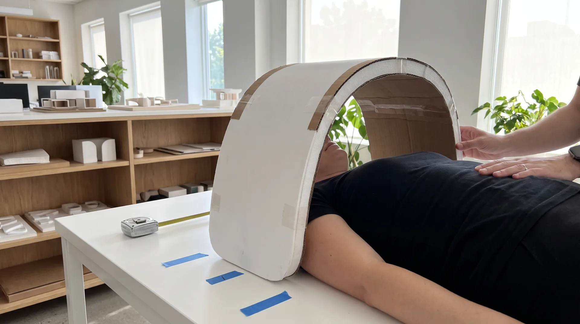 Full-scale Biolume prototype being fitted over a person lying on a table