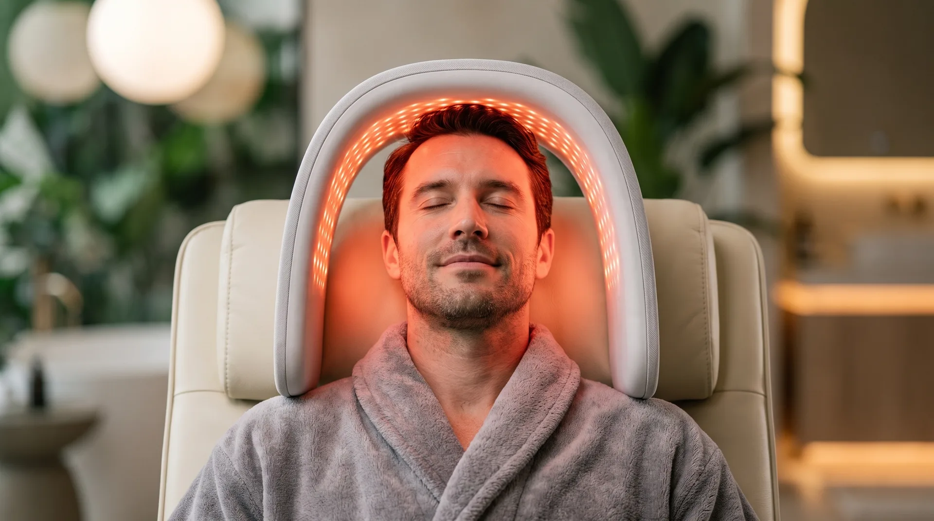 Man relaxing with the Biolume light therapy device arched over his head