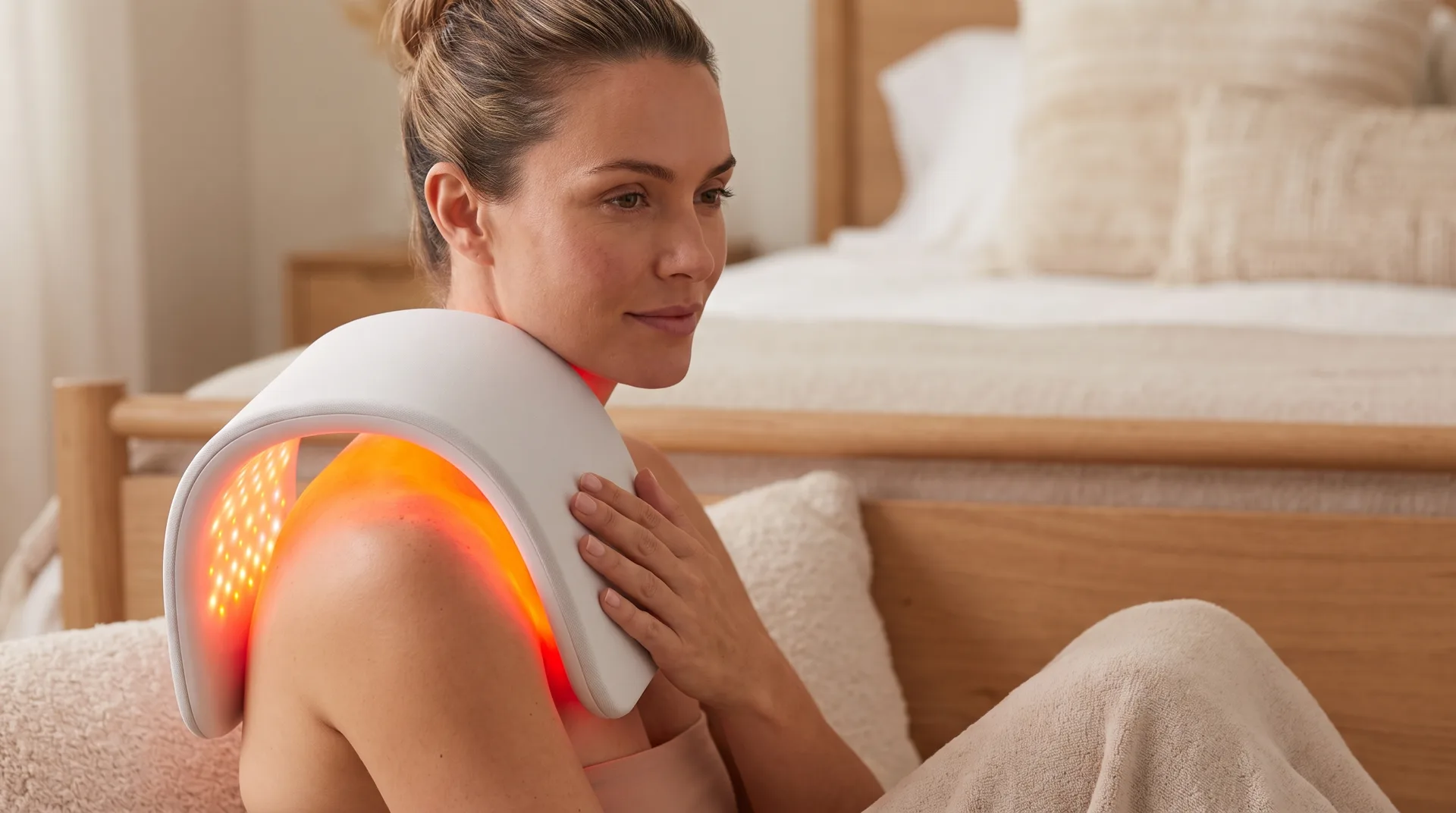 Woman at home with the Biolume light therapy device draped over her shoulder