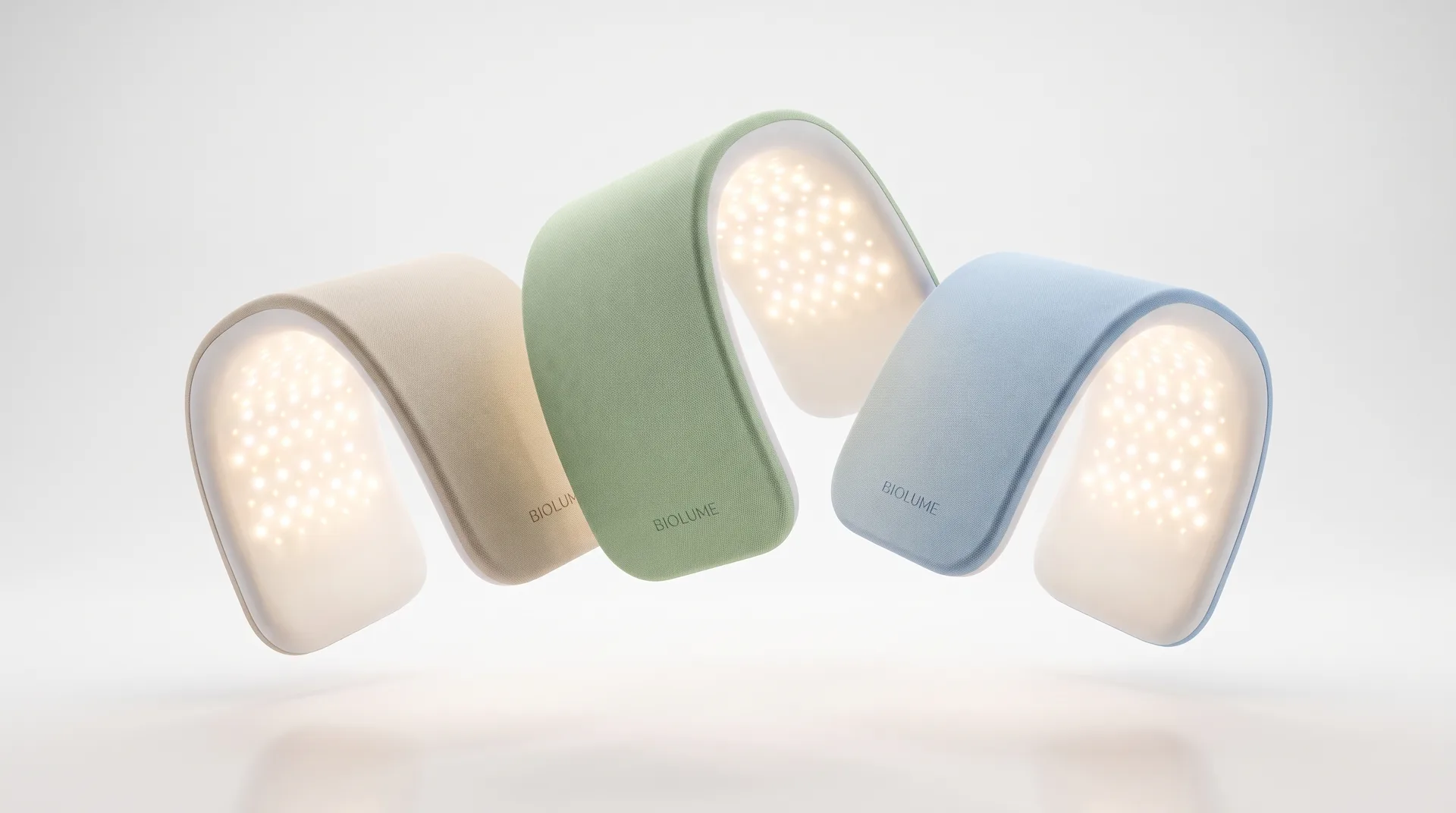 Three Biolume colorways in cream, sage green and light blue