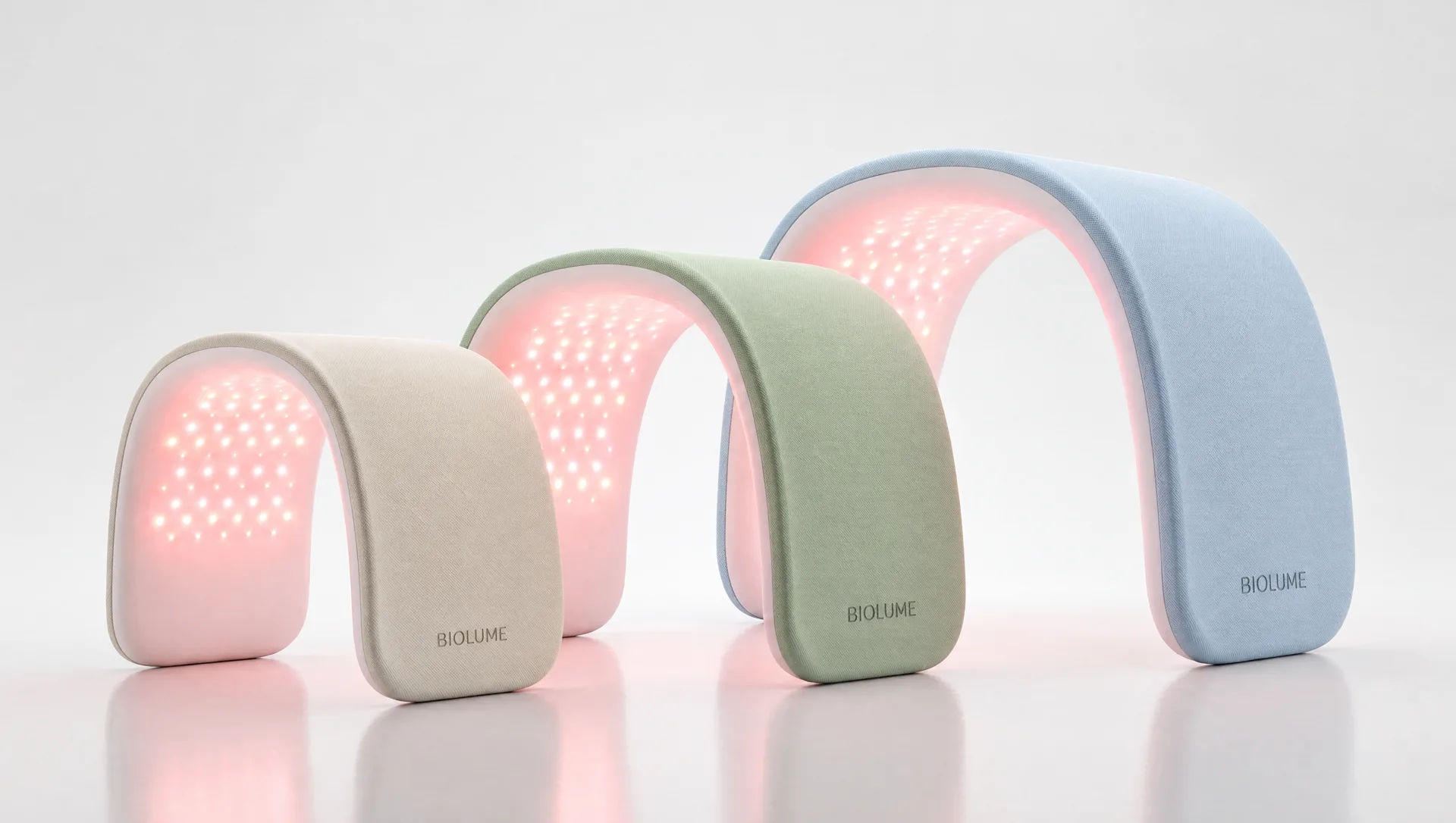 Biolume in three sizes and three colorways, cream, sage green and light blue, lined up small to large