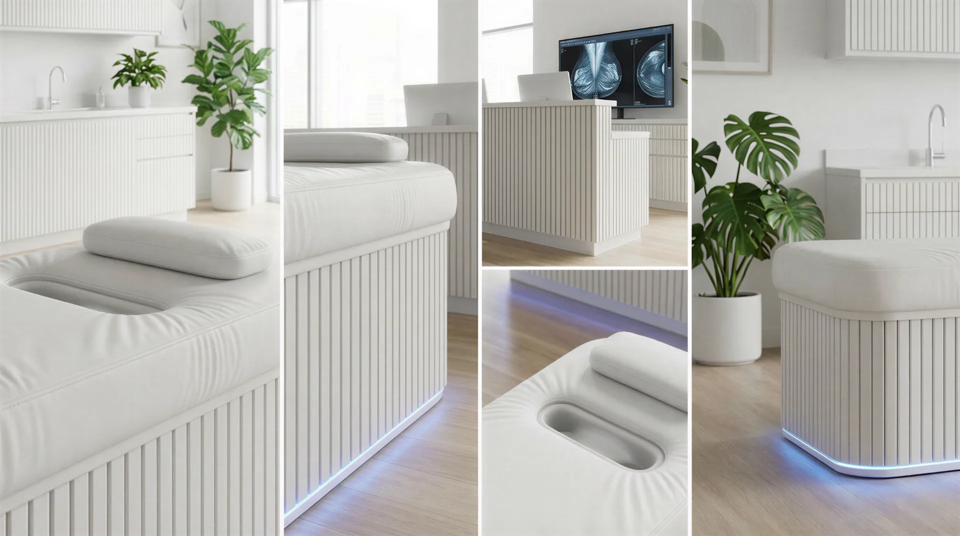 Detail views of the FemTech bed cushion, fluted base, and under-bed lighting