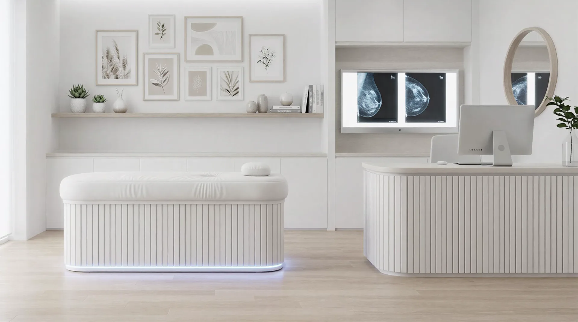 FemTech screening room with the examination bed, reception desk, and mammogram viewer