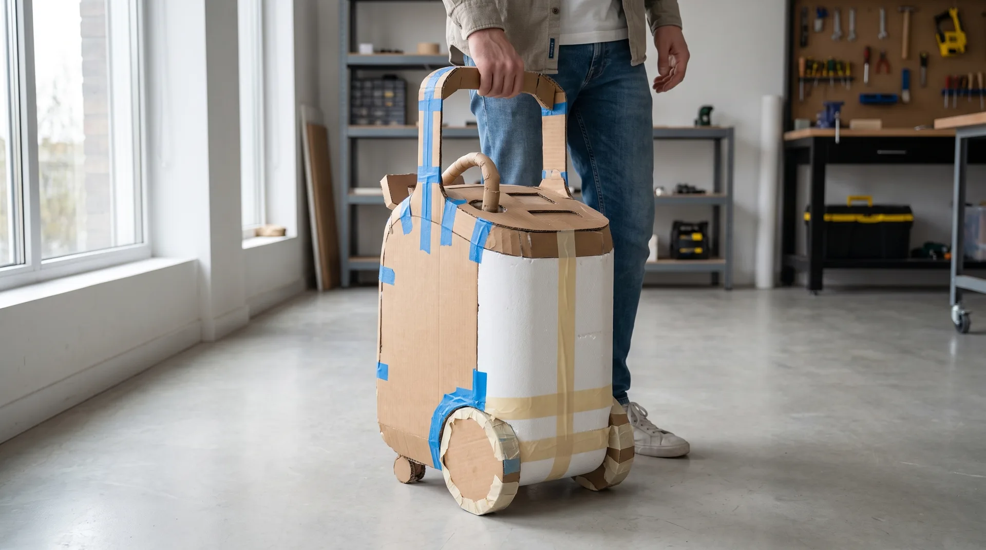 Cardboard mockup of the Gentle Care cooling unit being pulled across a workshop