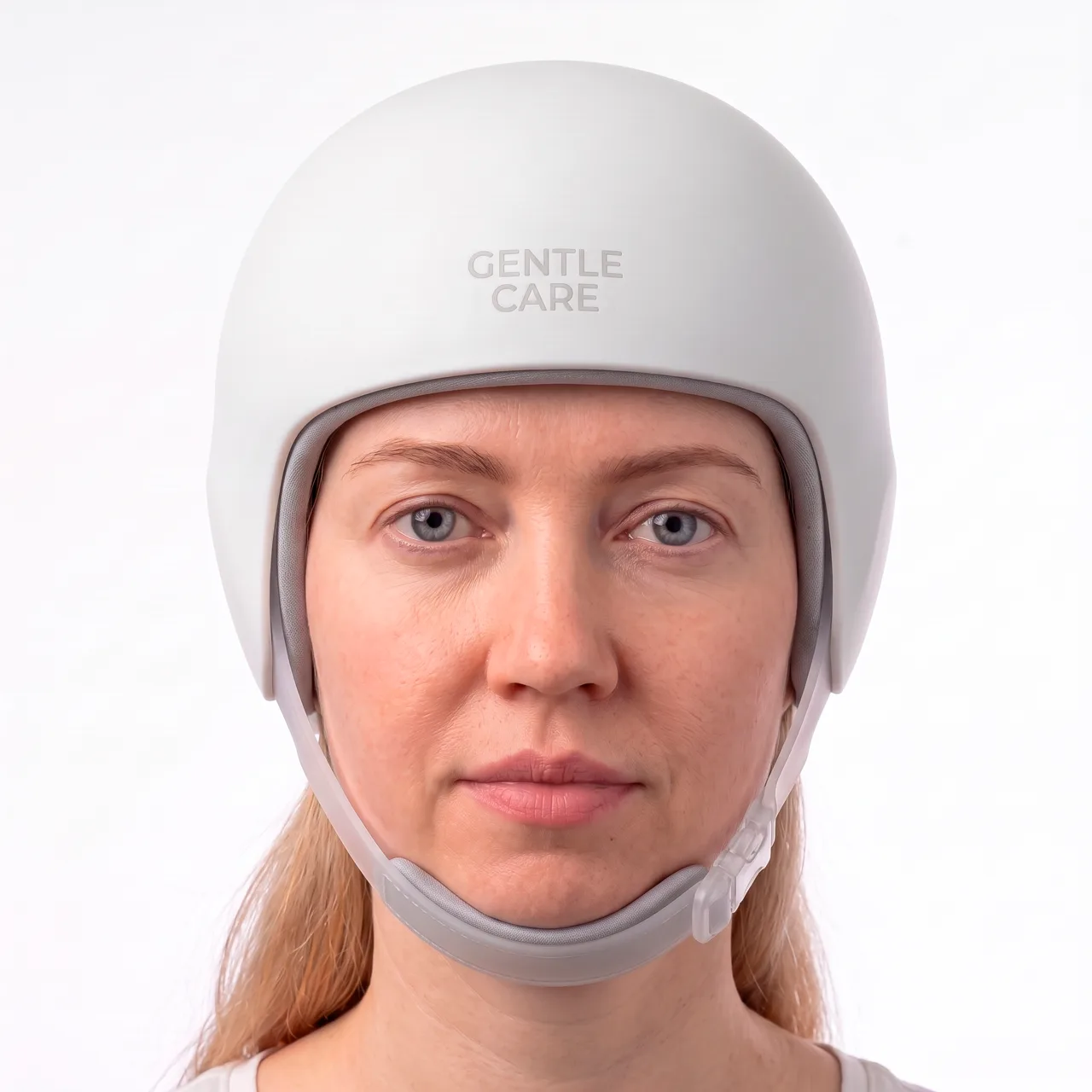 Front view of a woman wearing the Gentle Care cooling cap with the chin strap fastened