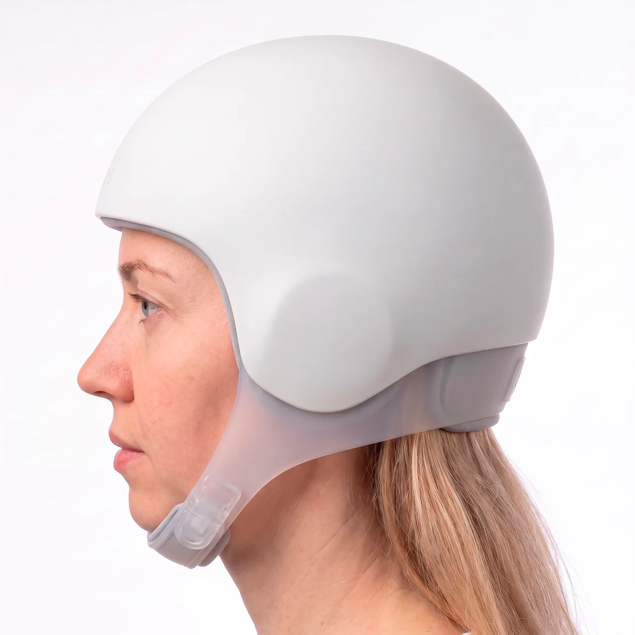 Profile view of a woman wearing the Gentle Care cooling cap