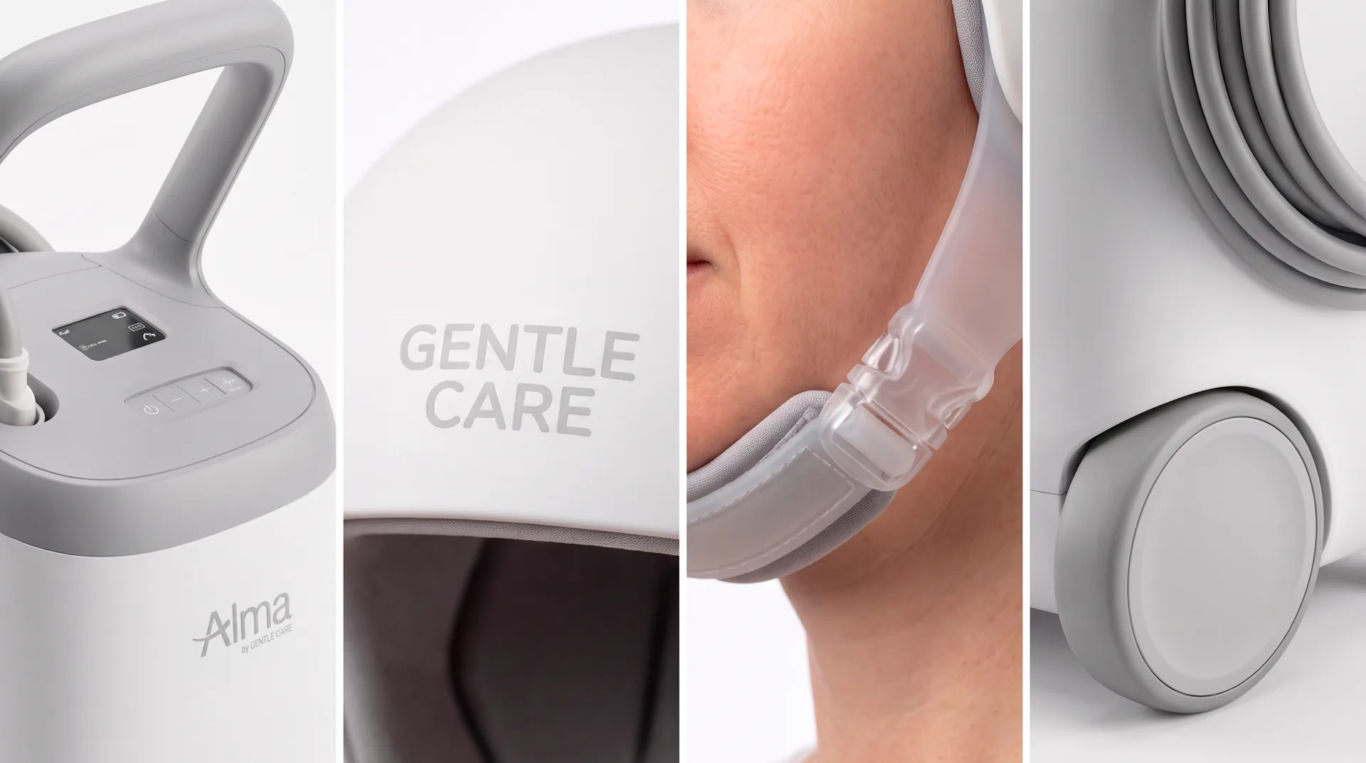 Gentle Care details: unit controls, embossed logo, translucent chin strap and wheel