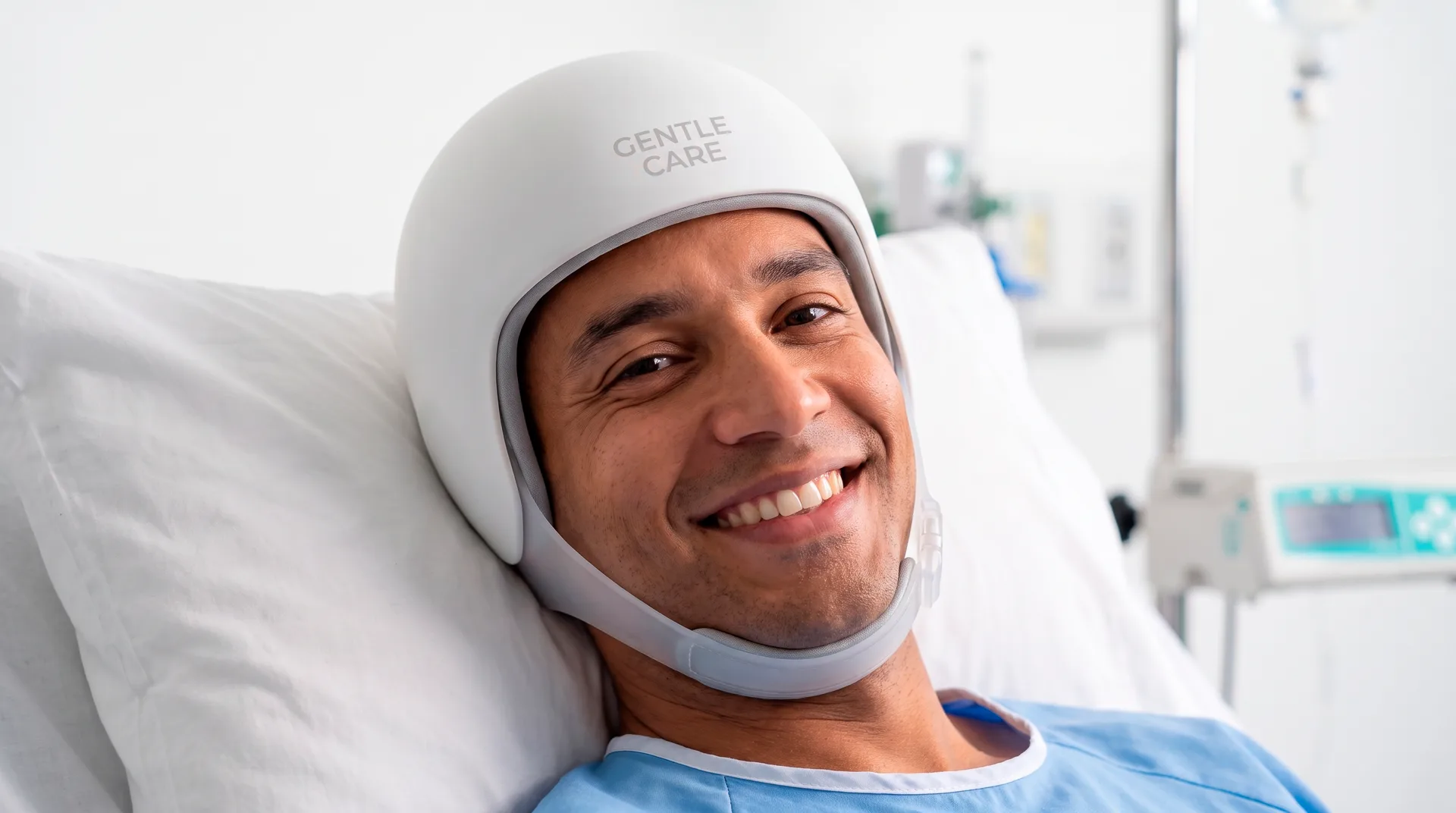 Smiling patient in a hospital bed wearing the Gentle Care cooling cap