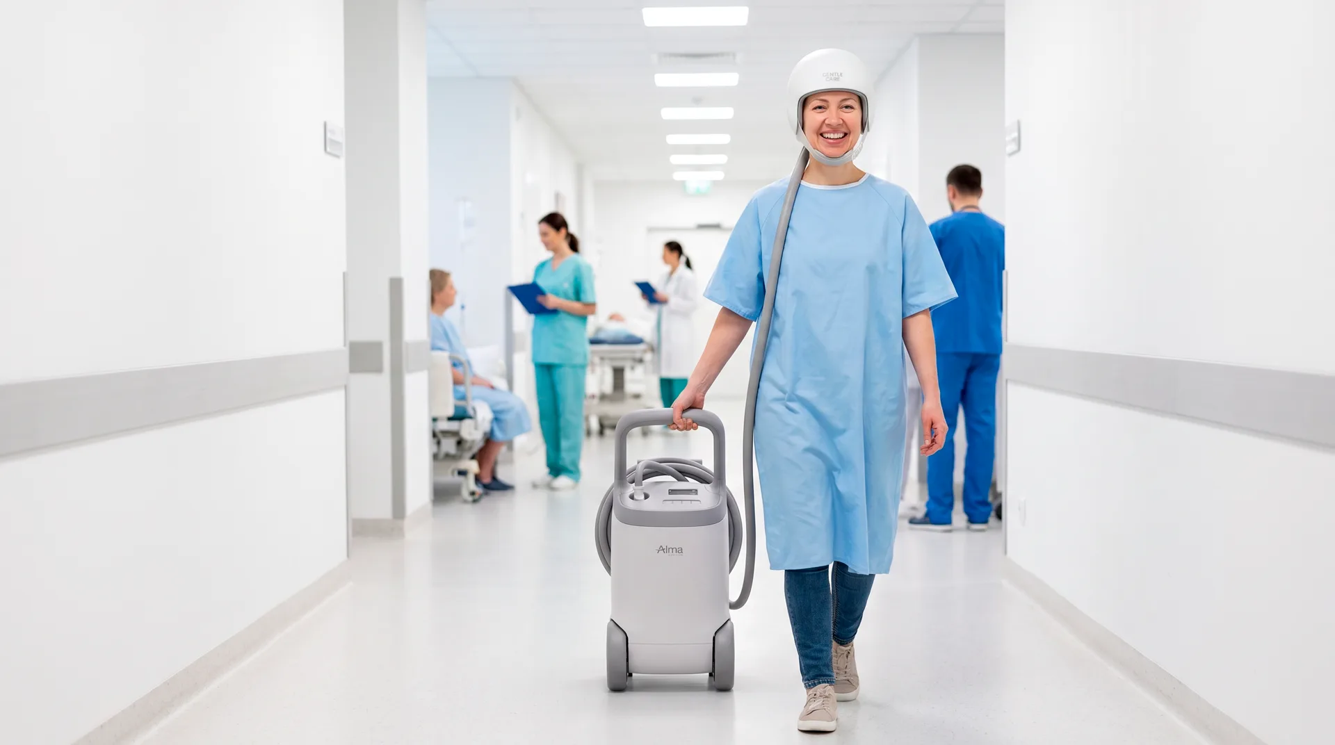 Patient walking a hospital hallway with the portable Gentle Care scalp cooling unit