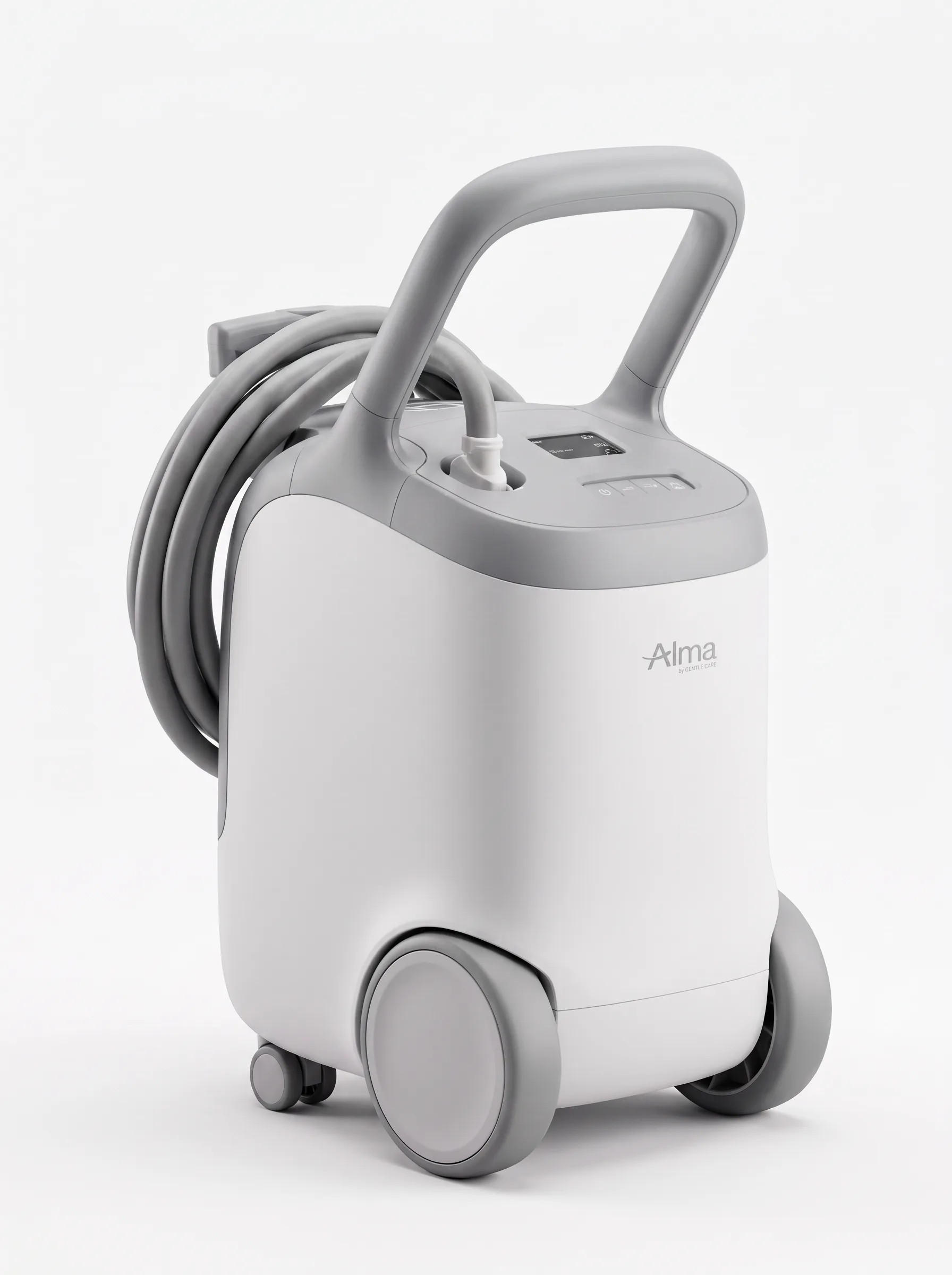 Gentle Care portable cooling unit with large wheels, integrated handle and hose reel