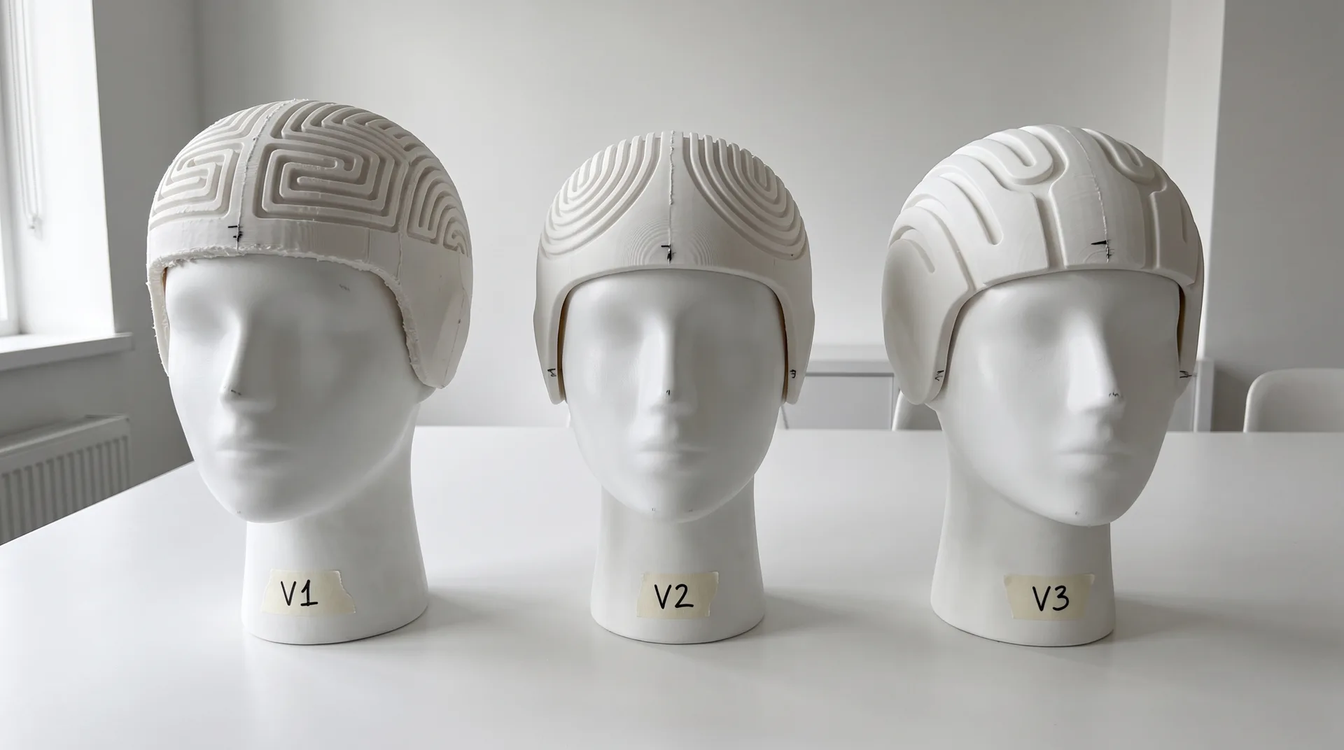 Three Gentle Care cooling cap prototypes on head forms, versions one to three
