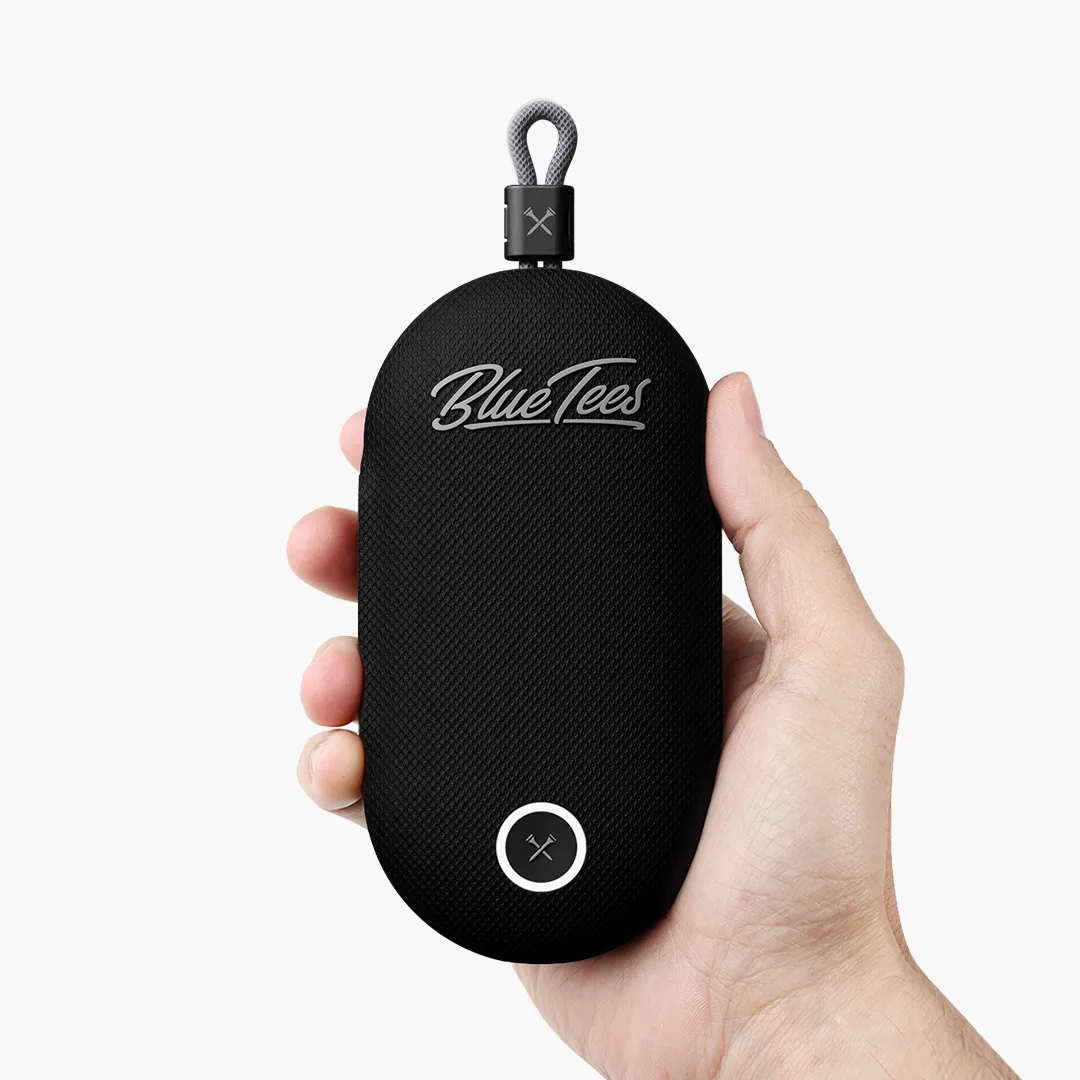 BlueTees PlayerGo golf GPS speaker held in a hand