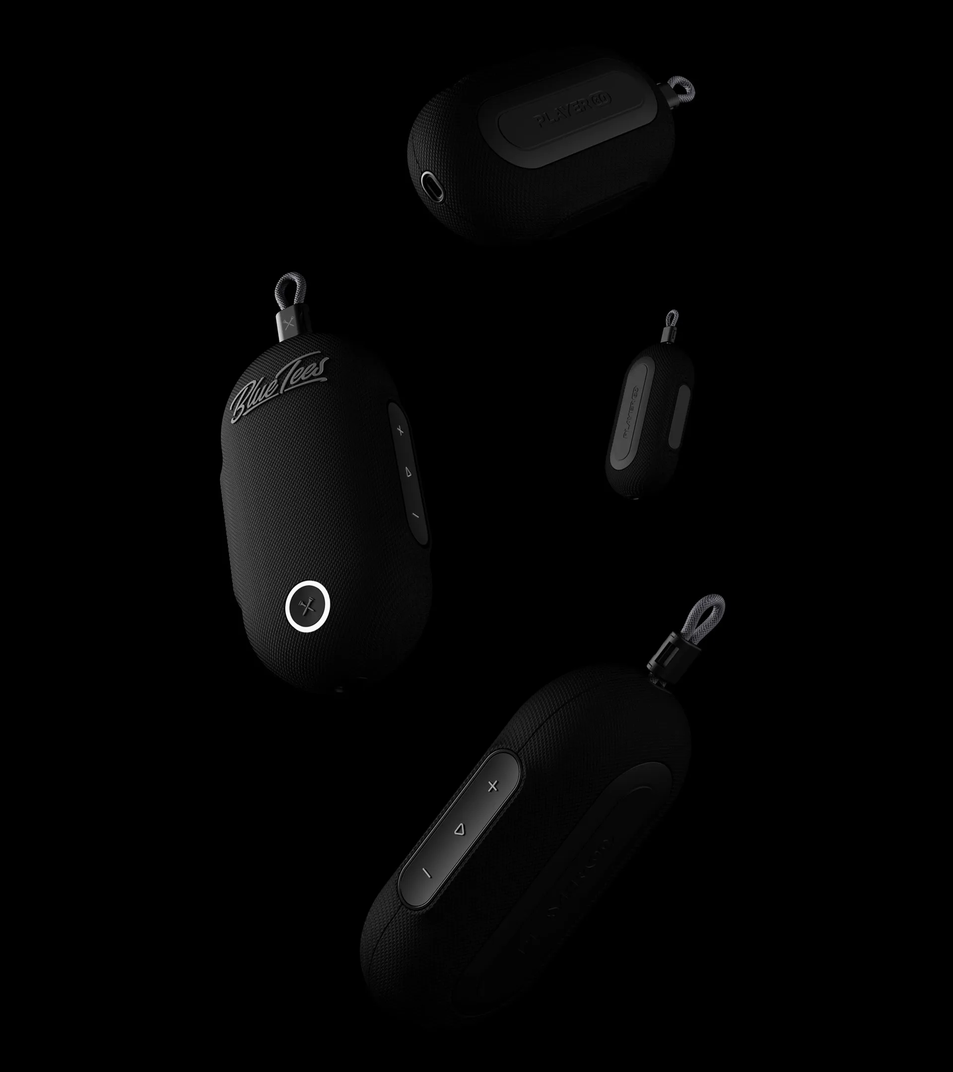 Several PlayerGo speakers floating against a black background