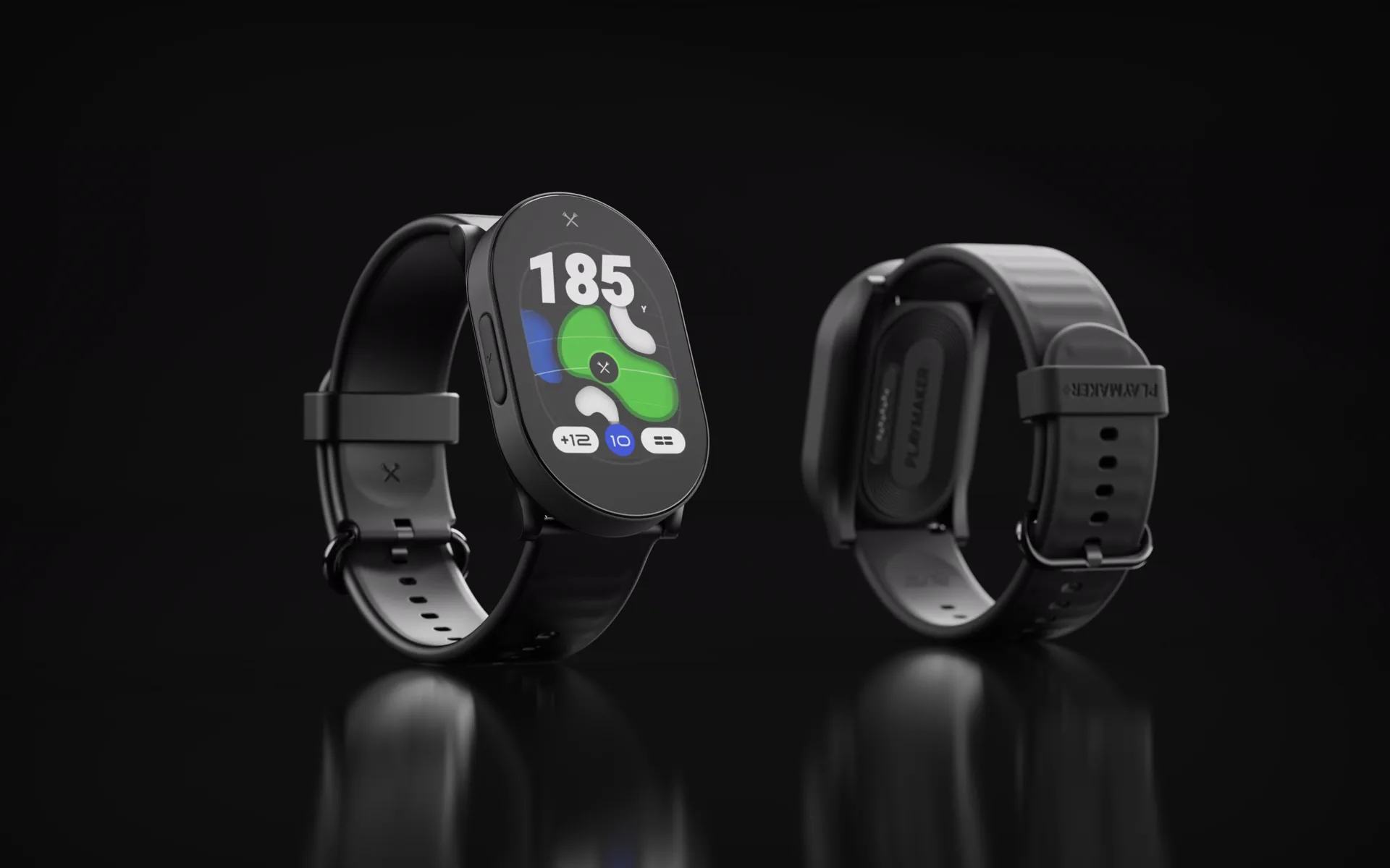 Two PlayMaker+ watches showing the green view and distance screen