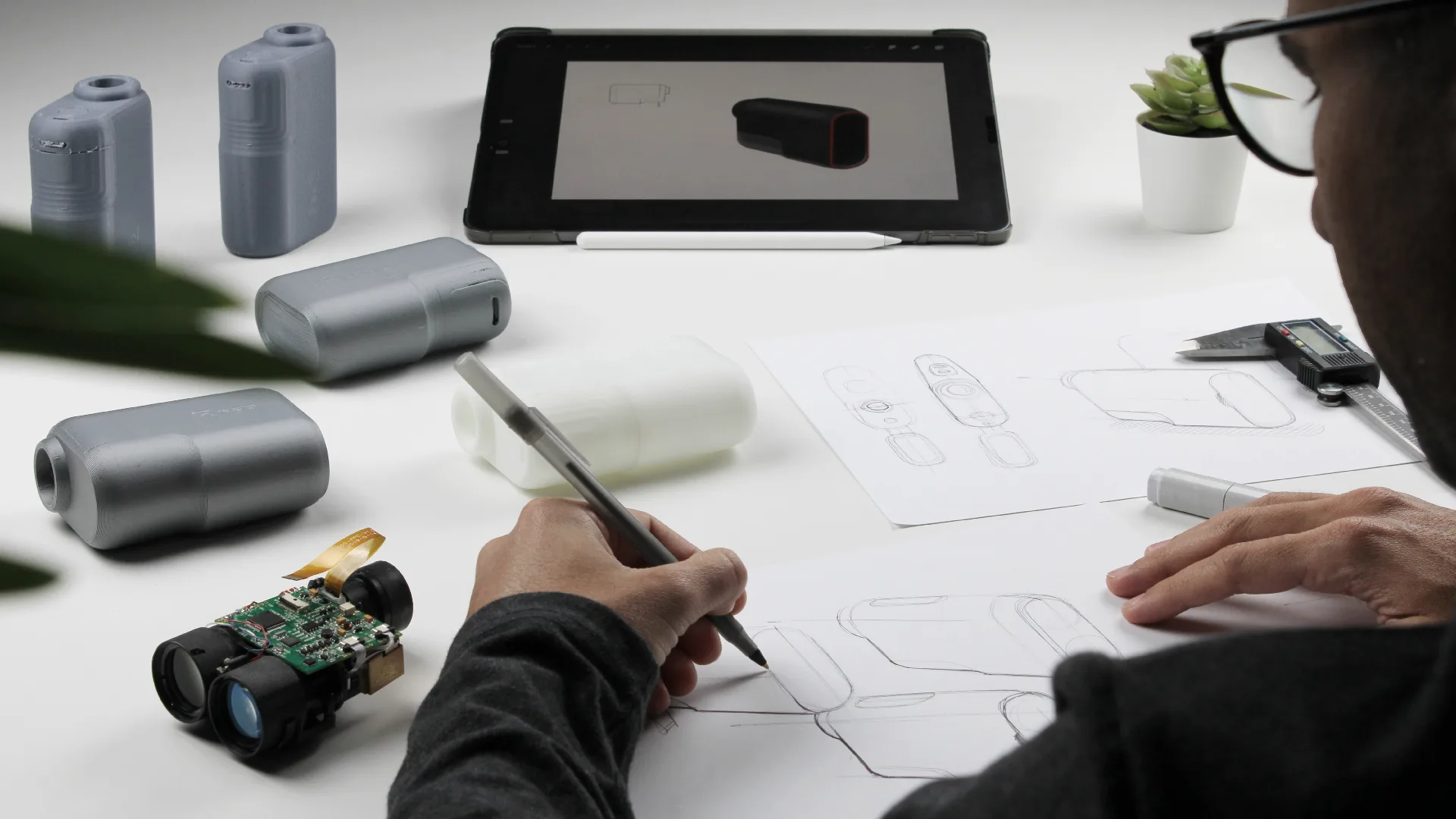 Designer sketching rangefinder concepts beside 3D-printed models and a tablet
