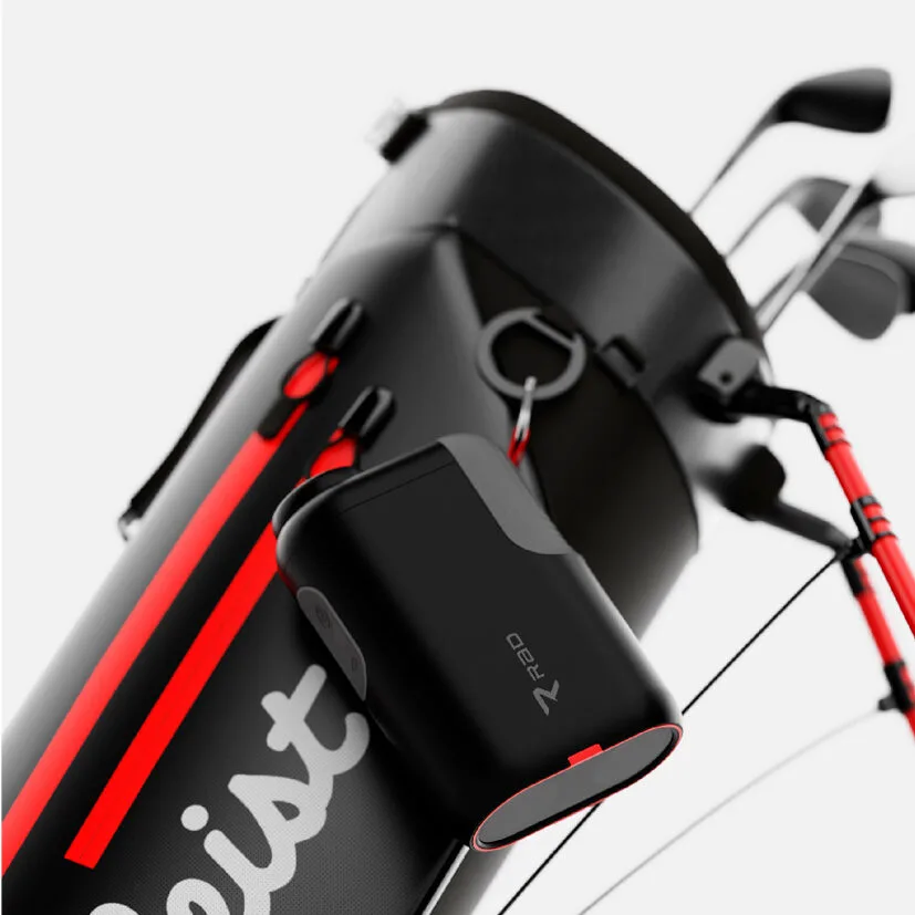 Rad Lazer Pro clipped to a golf bag with a carabiner
