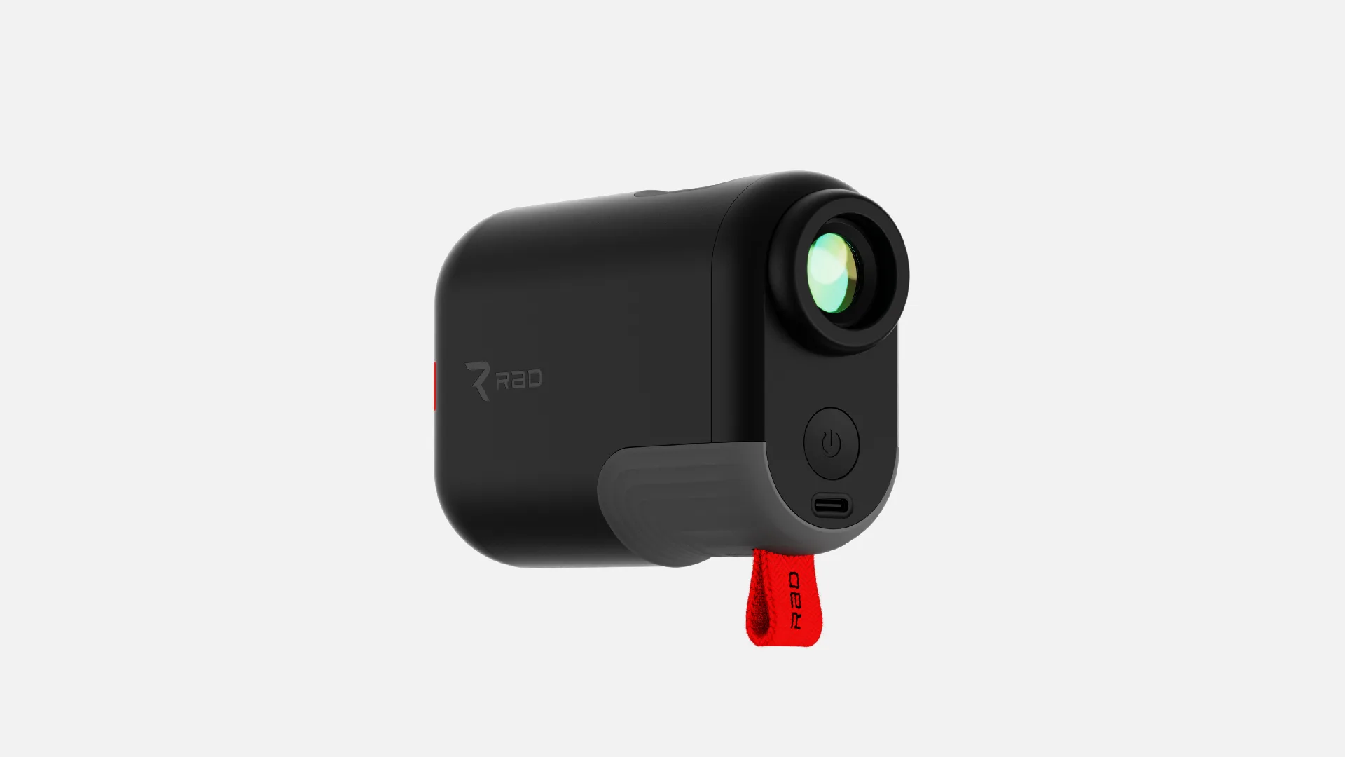 Rad Lazer Pro rangefinder, front three-quarter view with the red Rad tag