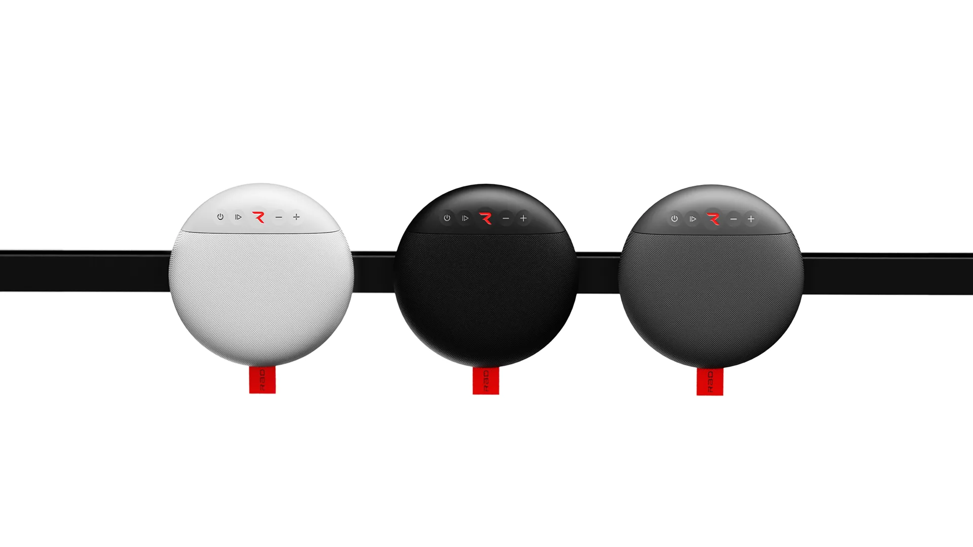Rad Sound speakers in white, black, and grey on a rail