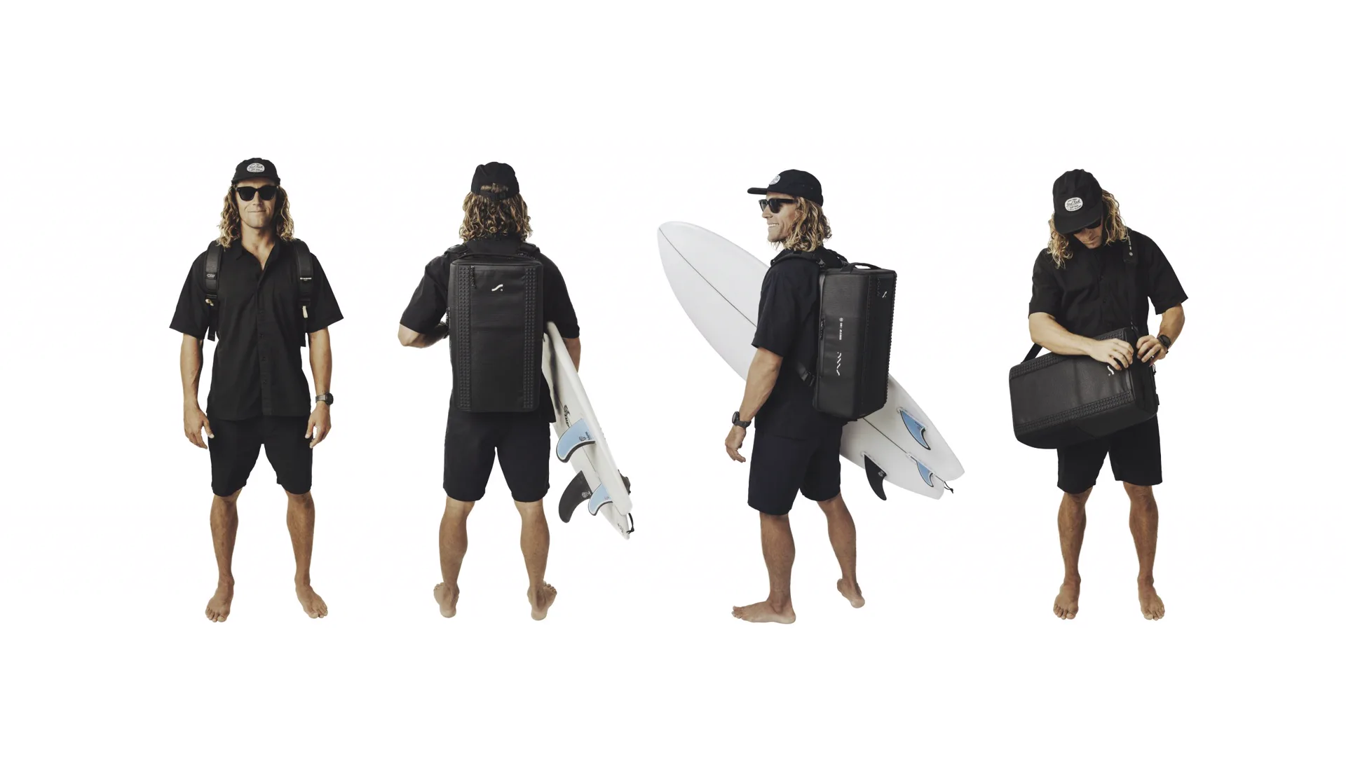 Surfer carrying the SAAL Surfbag and a surfboard, four views