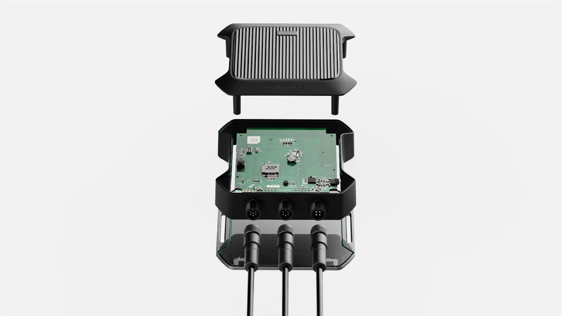 Syncwise modem internals with the circuit board and connectors